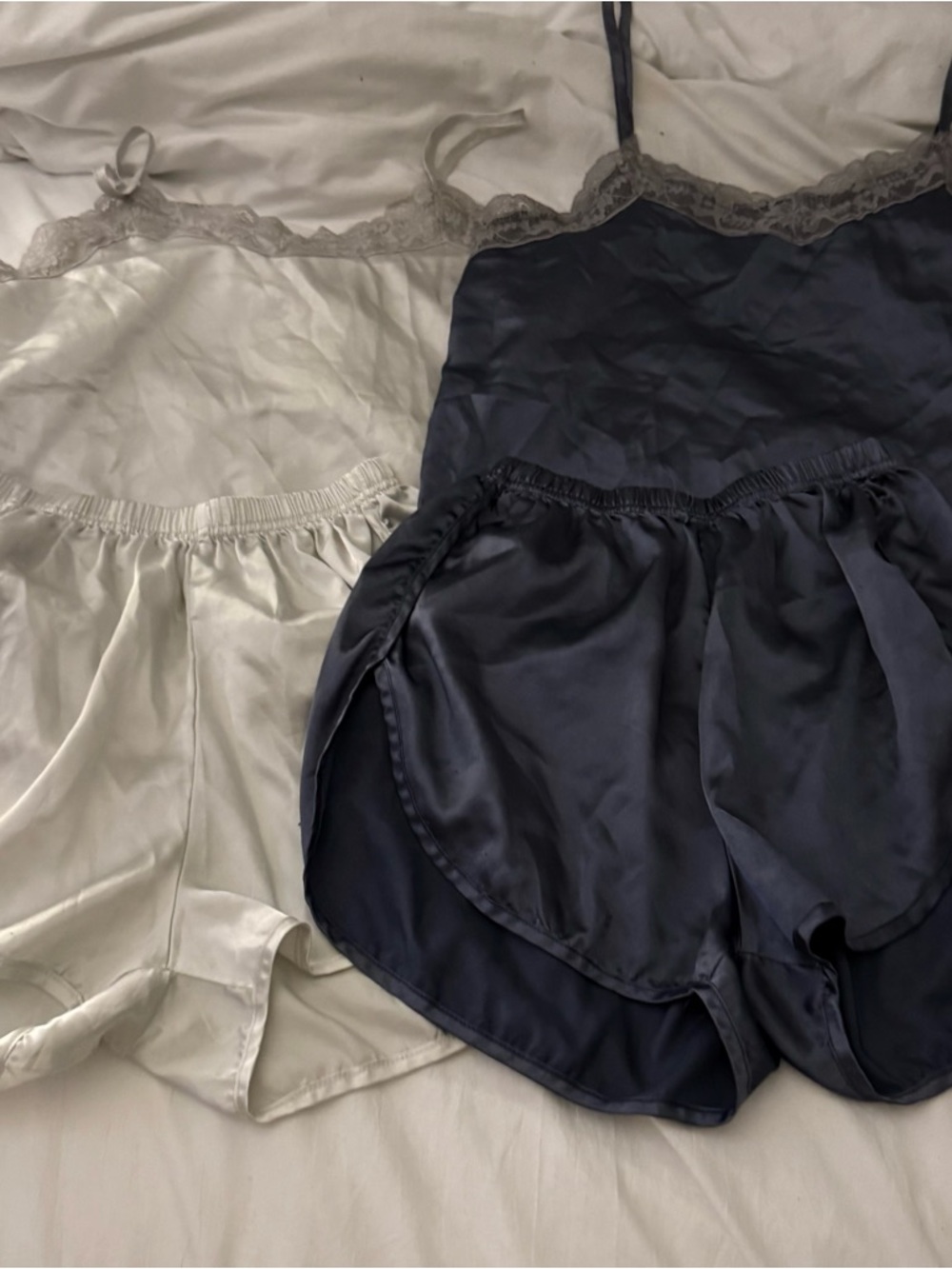 SHEIN Navy & Cream Satin Lace Trim Pajama Set